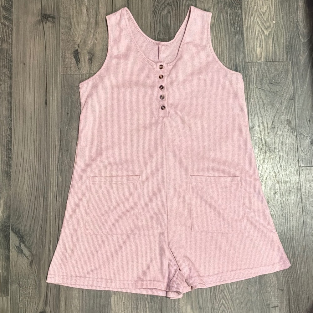 SHEIN Pink Waffle Knit Sleeveless Button Front Romper Pockets Large Loungewear